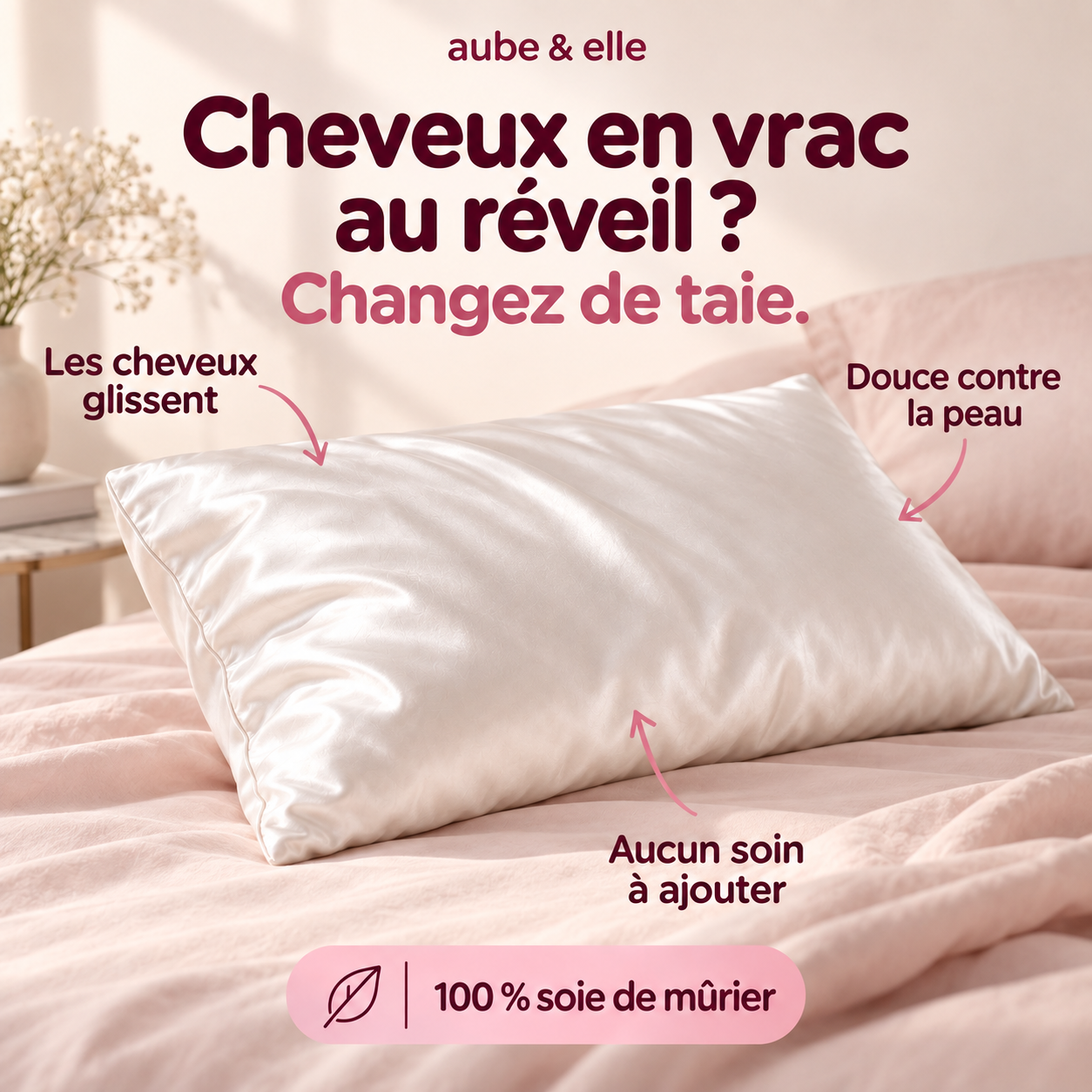 Cheveux en vrac au réveil ? Changez de taie. Les cheveux glissent, la taie est douce contre la peau, aucun soin à ajouter. 100 % soie de mûrier.