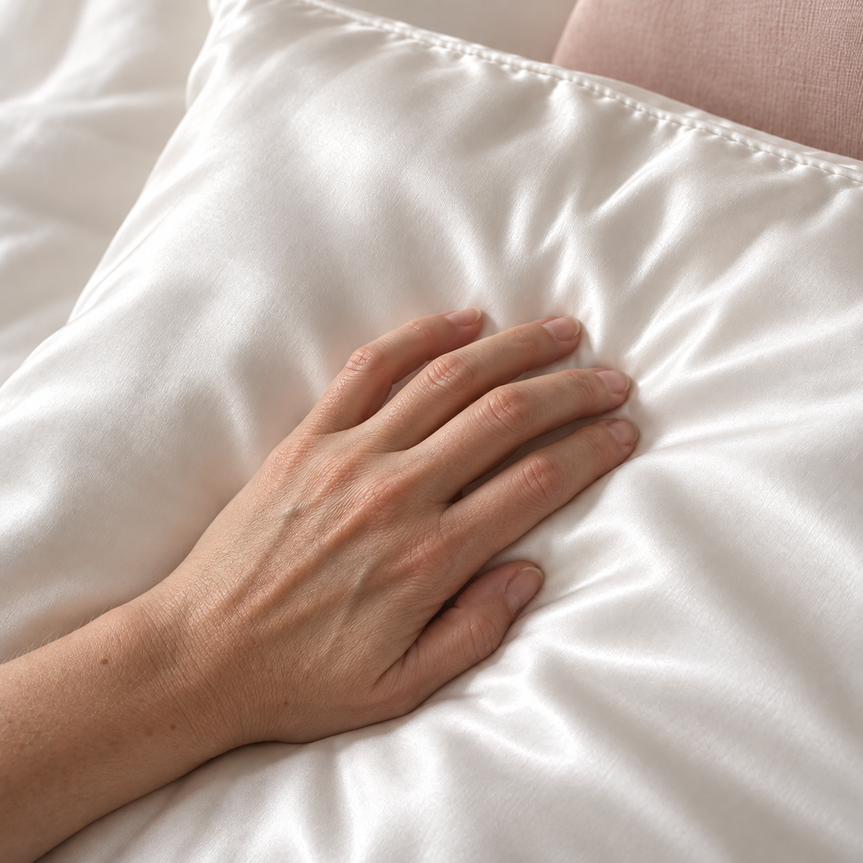 Une main effleure la surface lisse et satinée de la soie blanche